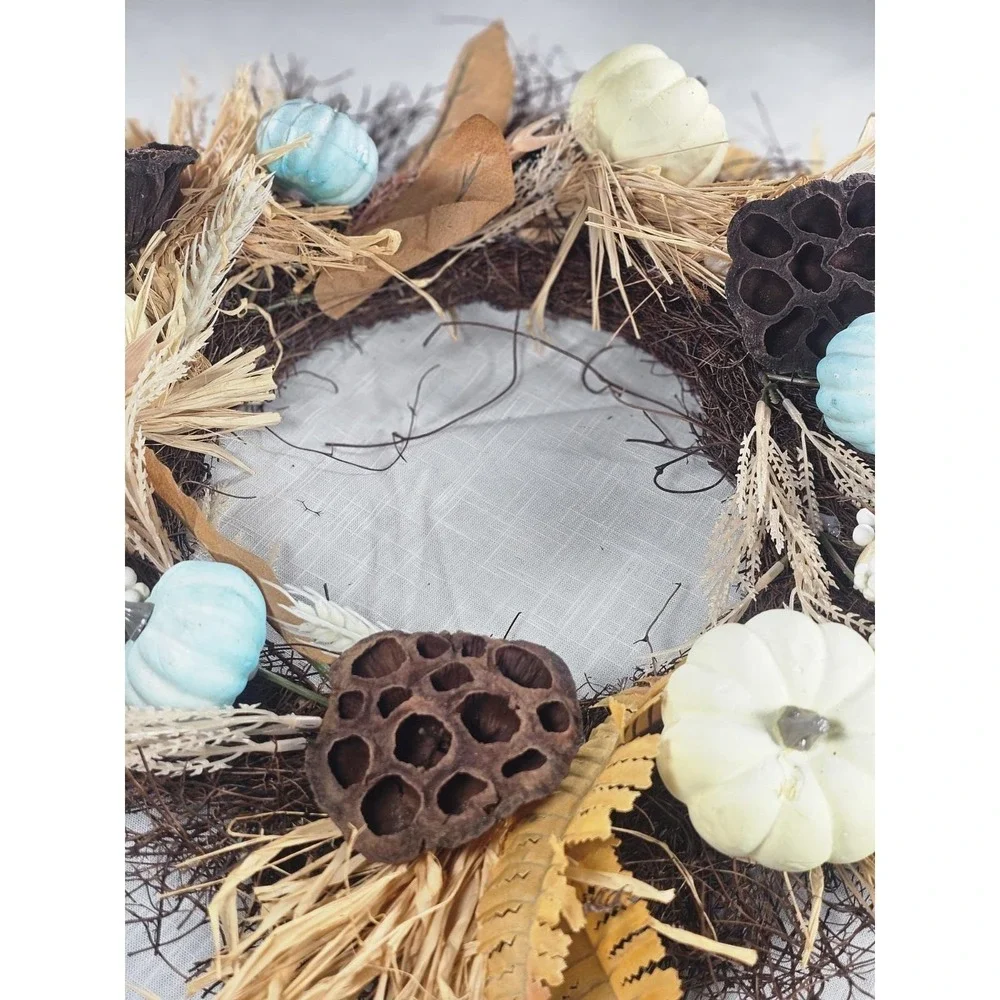 Rustic Fall Harvest Wreath Pumpkins Berries Leaves Twig 17 In